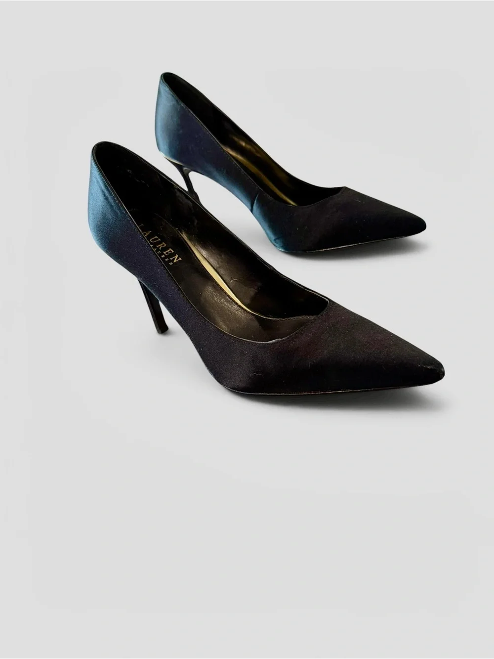 Lauren Ralph Lauren Black Satin Gold Trim Alani Pump 9B